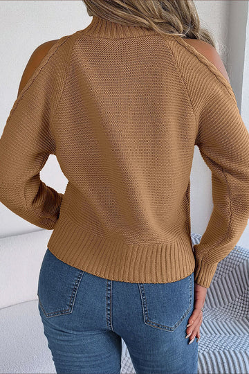 Brown Cold Shoulder Long Sleeves Knit High Neck Sweater